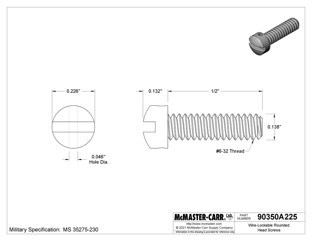 Technical Drawing of Wire-Lockable Rounded Head Screws, 6-32 Thread Size, 1/2" Long.